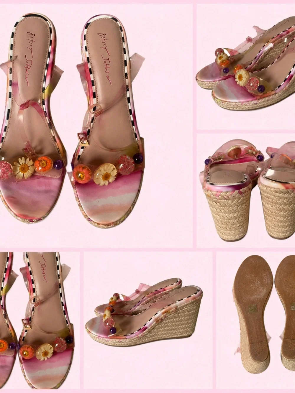 Betsey Johnson Pink Floral Beaded Espadrille Wedge Sandals Size 11